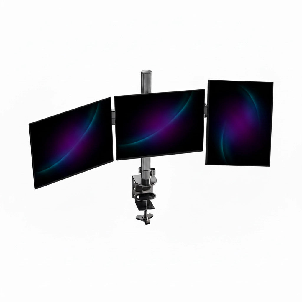 Three computer monitors on a stand with a white background