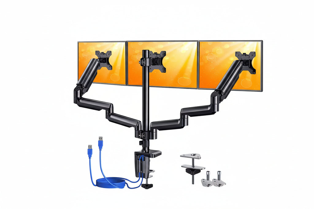 Triple monitor arm mount with adjustable arms, desk clamp, and blue USB cables for ergonomic setup