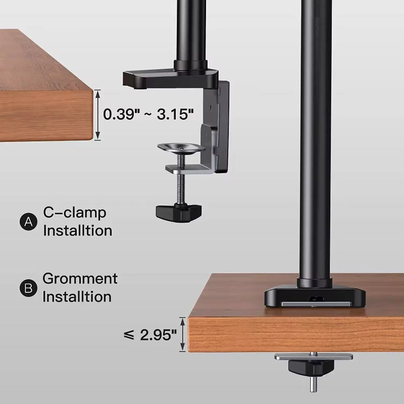 Monitor arm installation methods with C-clamp and grommet on wooden desk surface.
