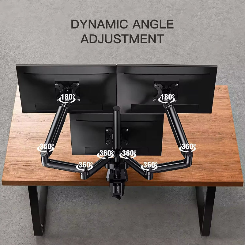Dual adjustable monitor arm setup on a wooden desk showing dynamic rotation angles