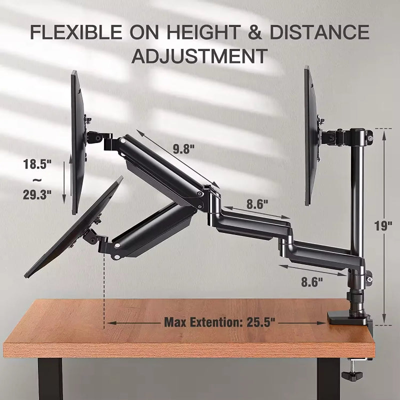 Adjustable dual monitor arm on desk with height and distance measurements for ergonomic setup.