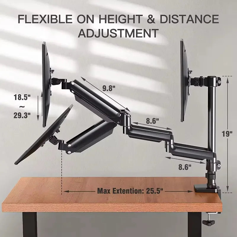 Adjustable dual monitor arm on desk with height and distance measurements for ergonomic setup.