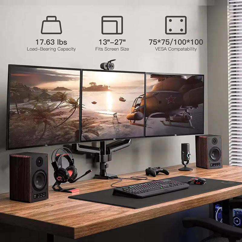 Triple Monitor Arm – Gas Spring, Heavy Duty, Up to 27" Screens, Full Motion Desk Mount