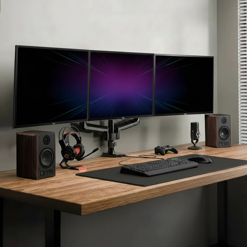 Triple Monitor Arm – Gas Spring, Heavy Duty, Up to 27" Screens, Full Motion Desk Mount