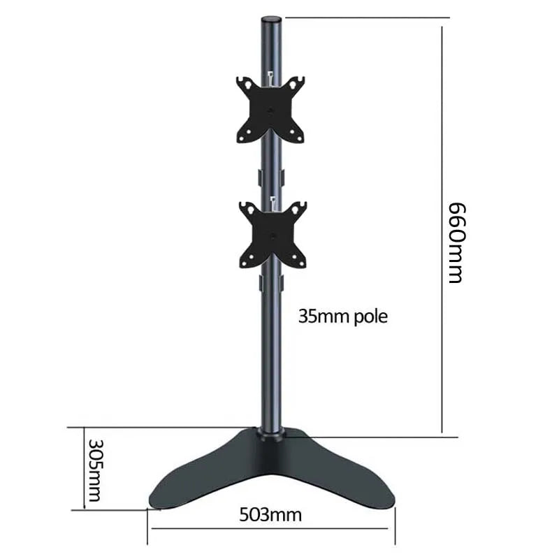 Dual vertical monitor stand with adjustable arms and measurement details for ergonomic desk setup.