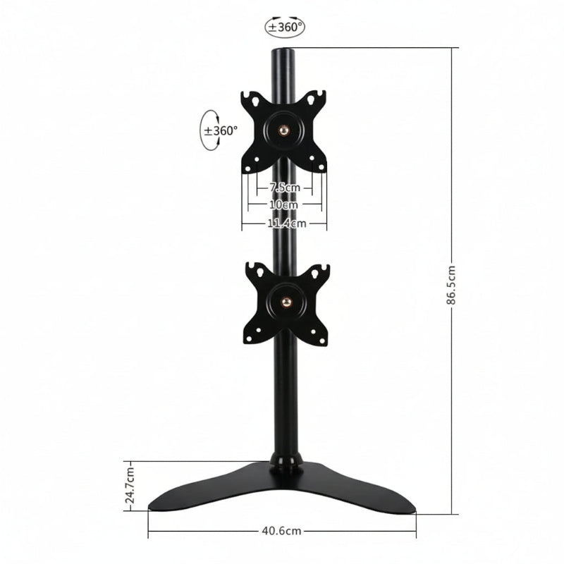 Dual vertical monitor stand with adjustable arms and measurement details for ergonomic desk setup.
