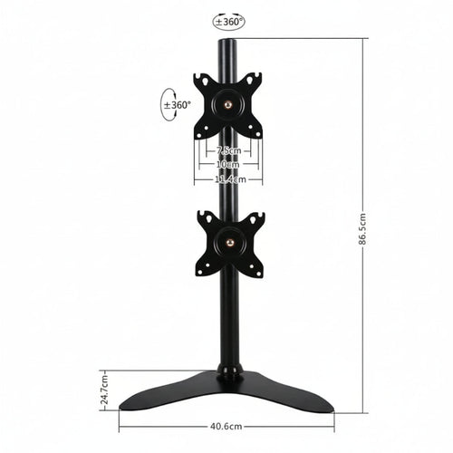 Dual vertical monitor stand with adjustable arms and measurement details for ergonomic desk setup.