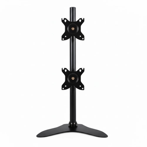 Black adjustable monitor stand on a white background