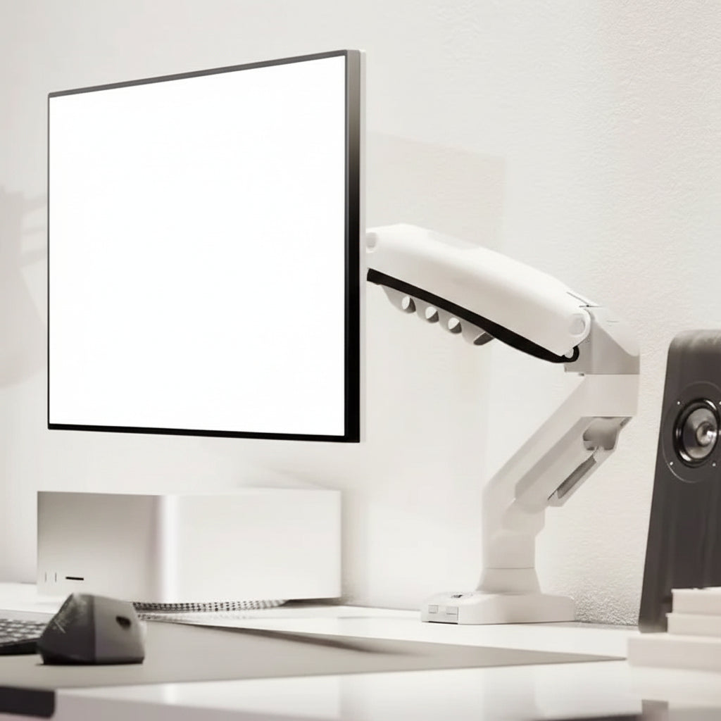 Ergonomic monitor arm holding a flat screen on a modern desk setup with yellow wall.