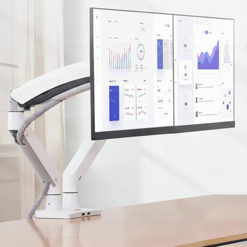 Dual monitor arm holding two screens on a clean desk, ergonomic office desk setup