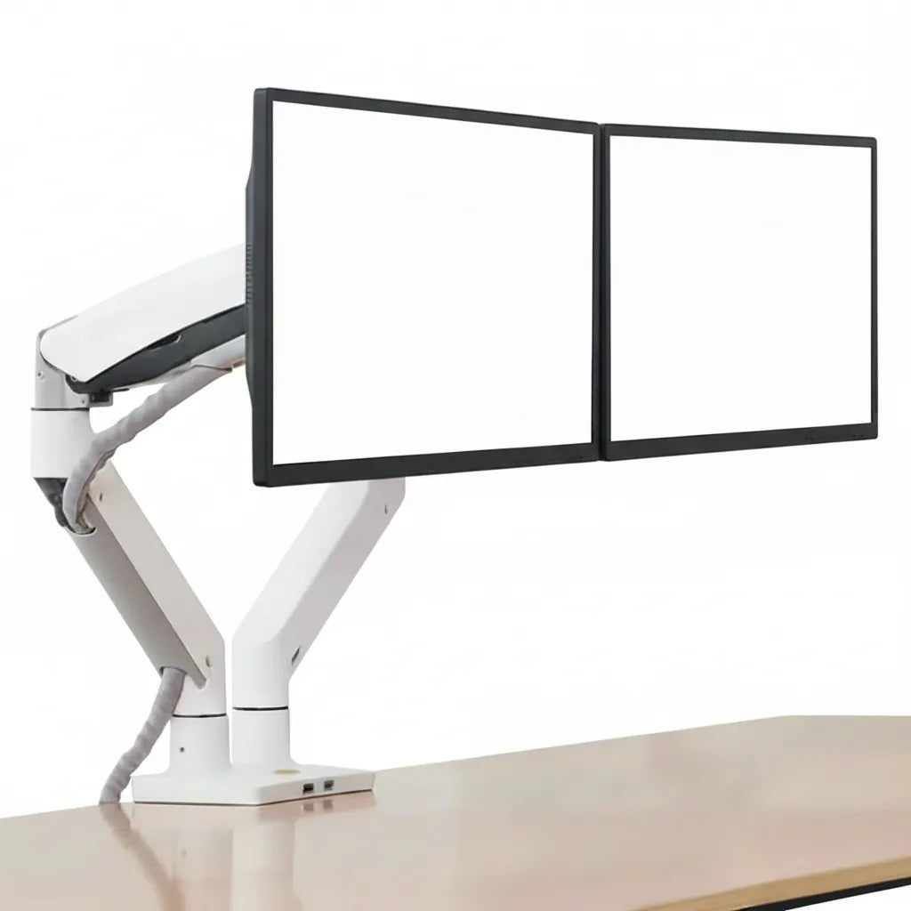 Dual monitor arm holding two screens on a clean desk, ergonomic office desk setup