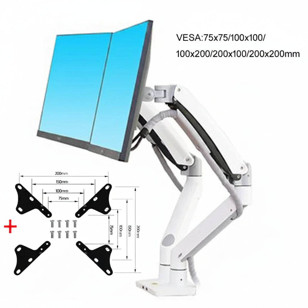 Dual monitor arm with adjustable white mount, VESA bracket dimensions, and mounting hardware.