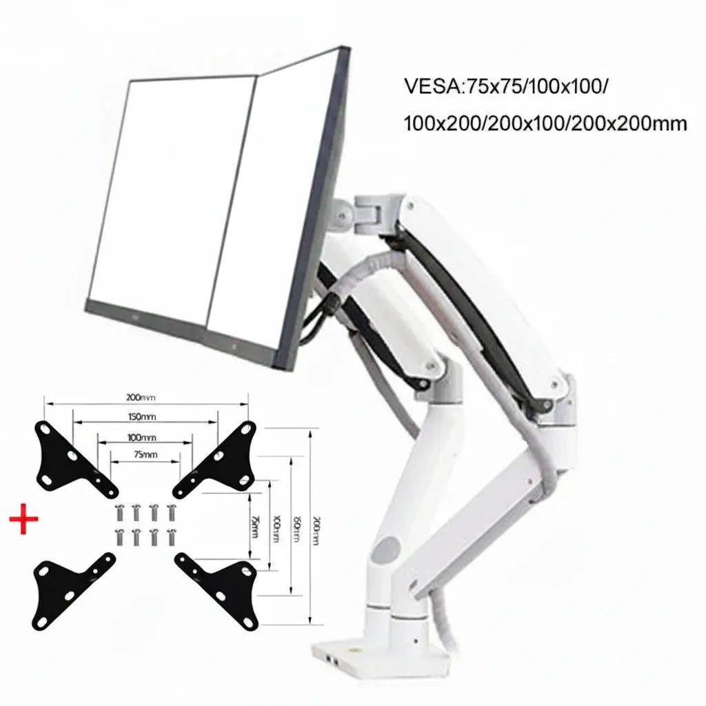 Dual monitor arm with adjustable white mount, VESA bracket dimensions, and mounting hardware.