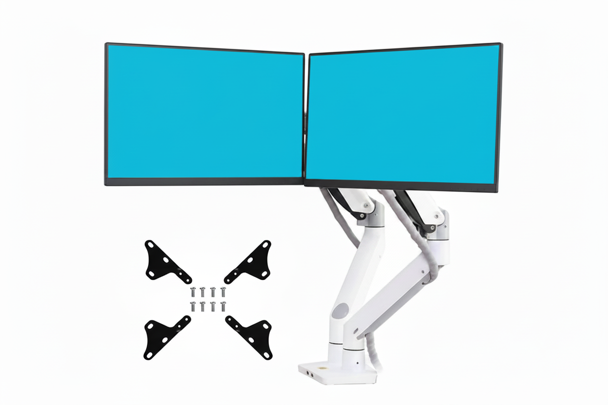 Monitor stand with two blue screens and mounting brackets on a white background