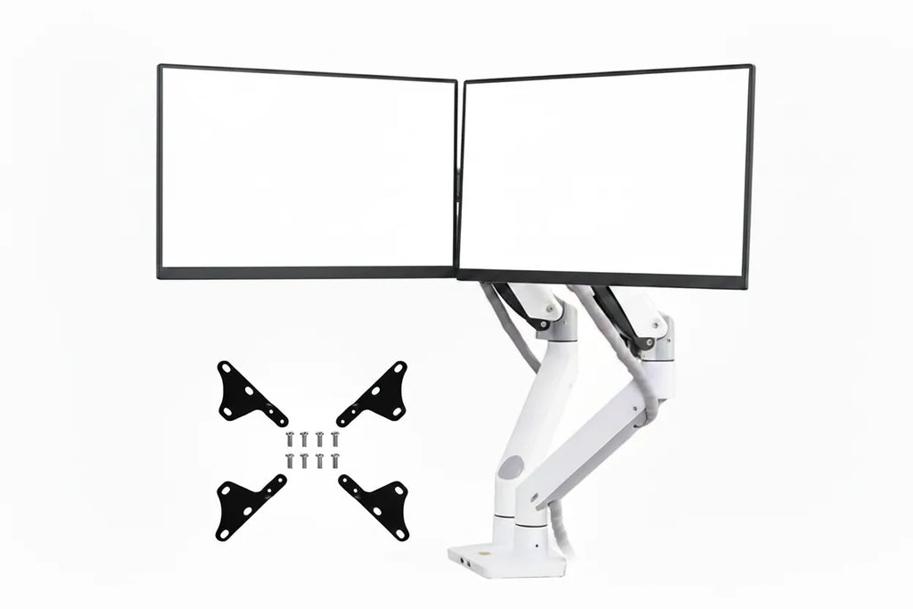 Monitor stand with two blue screens and mounting brackets on a white background