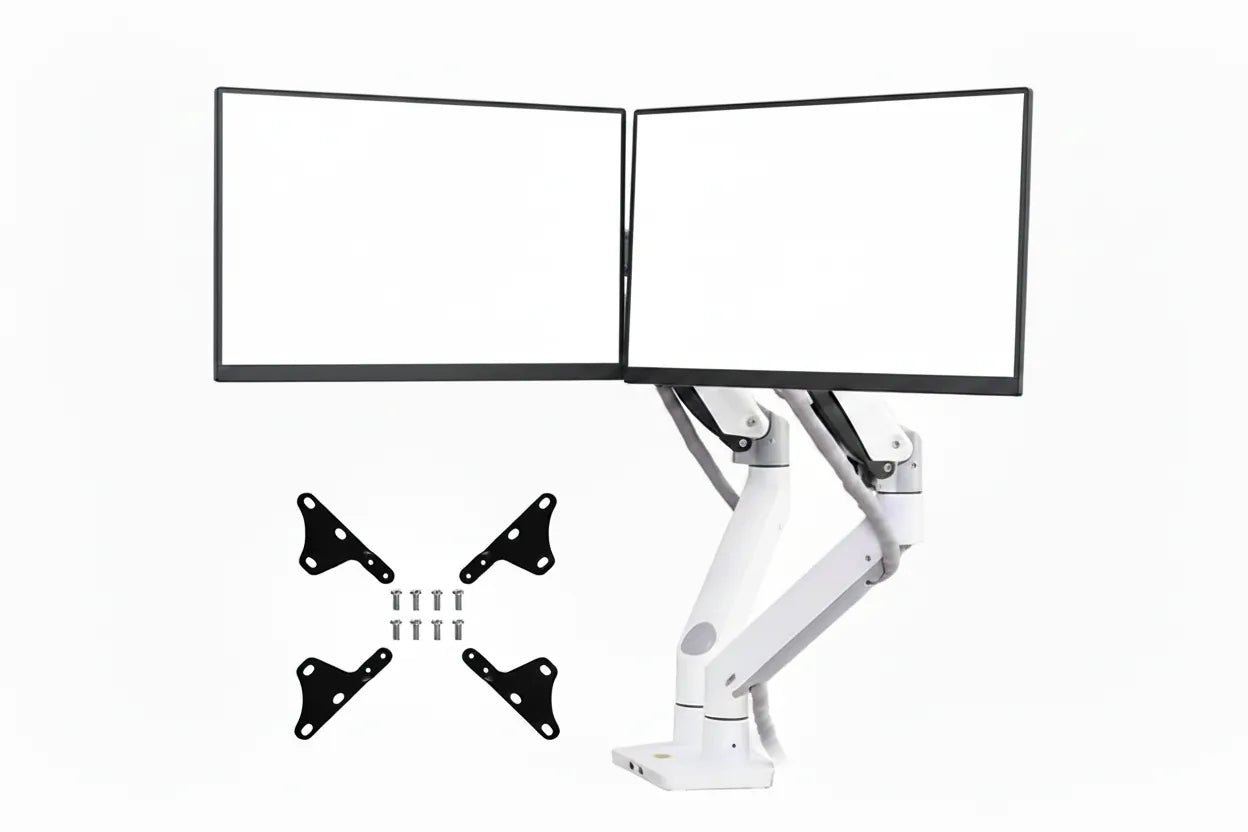 Monitor stand with two blue screens and mounting brackets on a white background