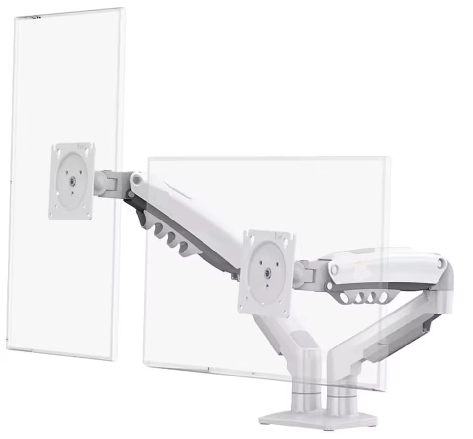 White dual monitor arm with two monitors on a white background